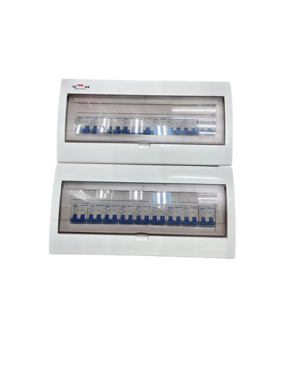 Royu and ZY 17 branch 2 pole MCB panel white plastic enclosure with clear hinged cover and breakers