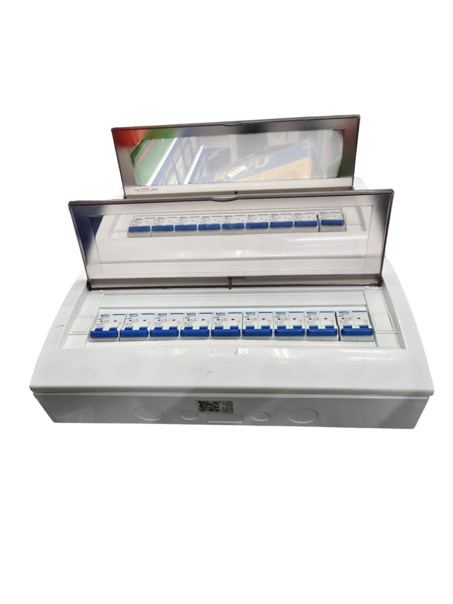 Royu and ZY 17 branch 2 pole MCB panel white distribution box with transparent hinged cover and blue breakers