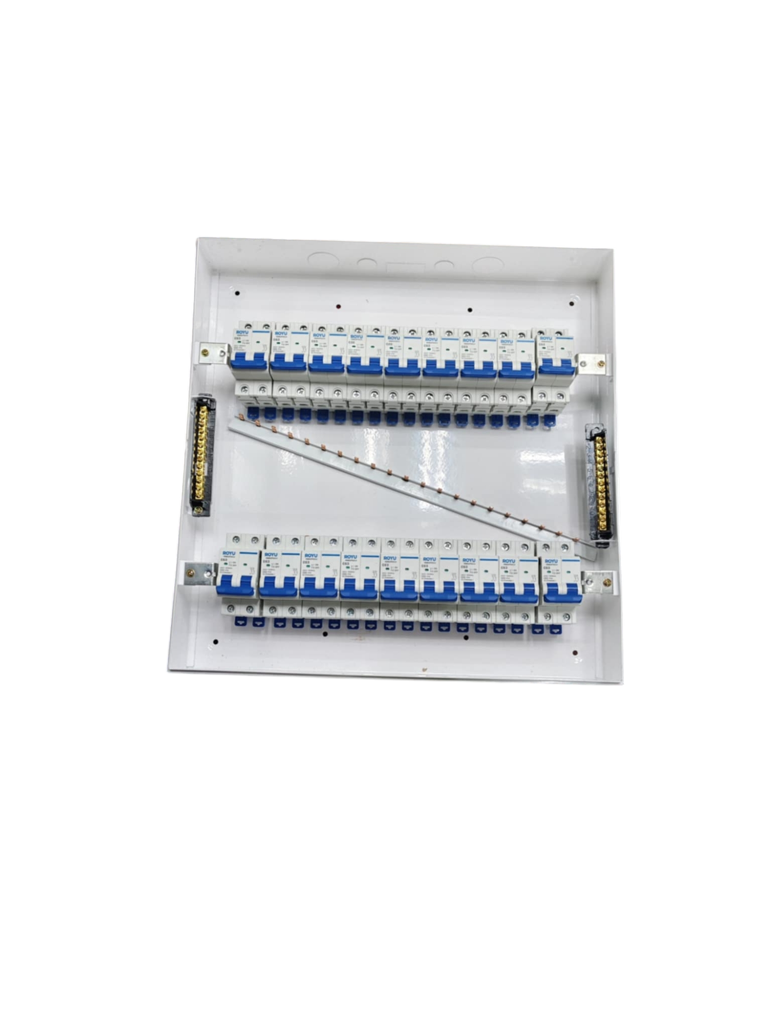 Royu and ZY white metal enclosure with 17 branch 2 pole MCB panel showing two rows of blue switches and busbars