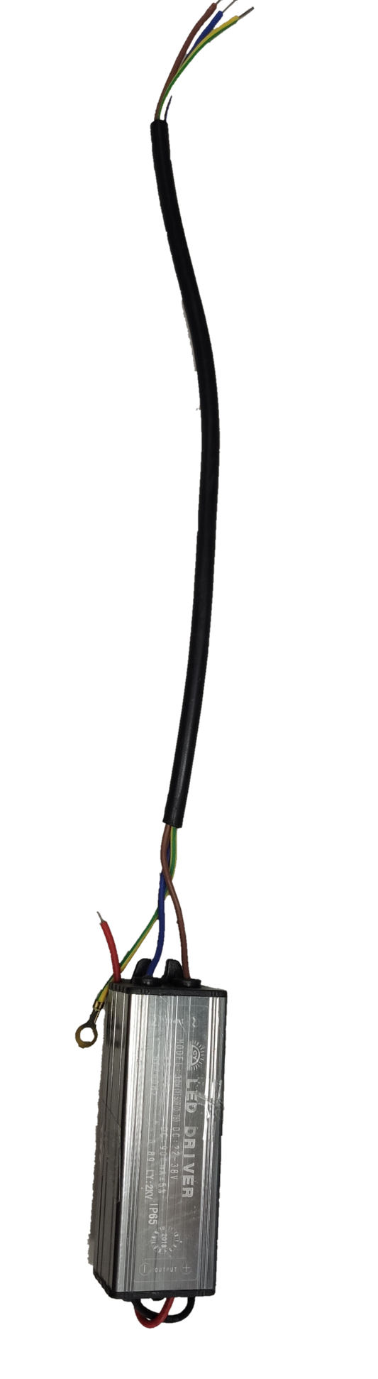 LED driver 85-265V AC to 22-38V DC with durable metal casing and color-coded wiring for easy installation