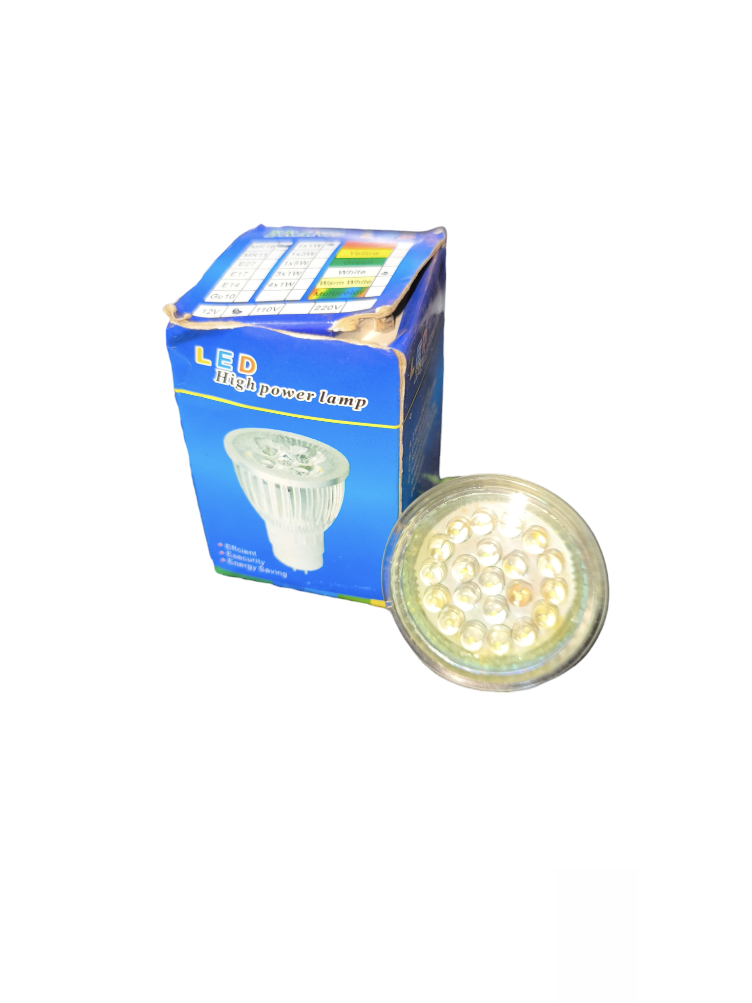 Denko 1W LED MR16 Gu5.3 Bulb 220V with blue packaging and clear lens showing LED array