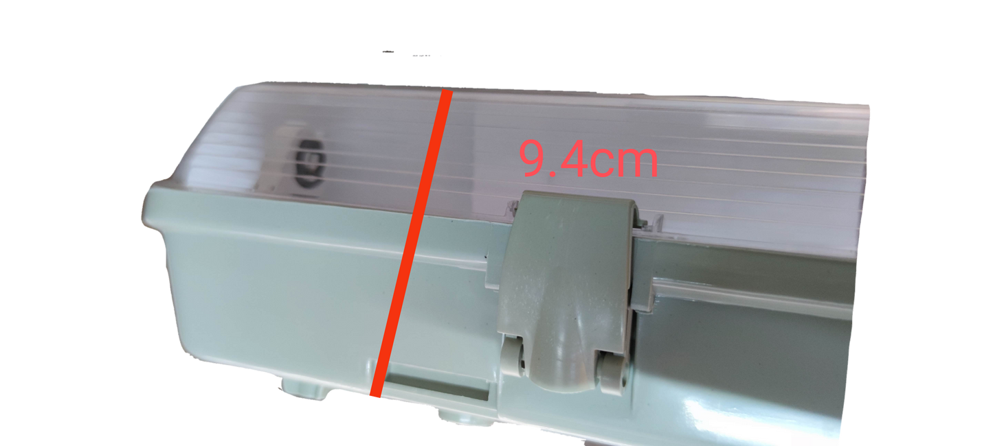 Close-up of Opple and Firefly 9W LED weatherproof fluorescent light with a measuring scale showing 9.4cm dimension