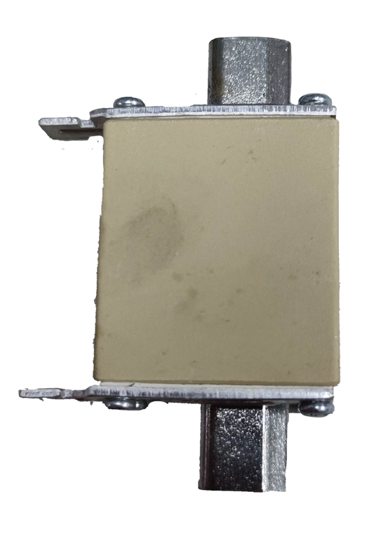 Lindner 100A NH00C ceramic fuse beige rectangular body with metal end caps and DIN rail mounting clips