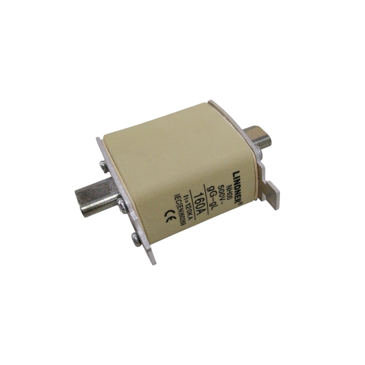 Lindner 160A NH00 fuse beige cylindrical cartridge with metal end caps and mounting flanges