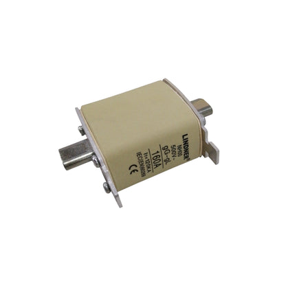 Lindner 160A NH00 fuse beige cylindrical cartridge with metal end caps and mounting flanges