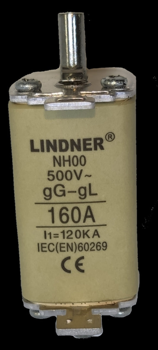 Lindner 160A NH00 fuse beige cylindrical cartridge fuse 500V gG gL with metal end caps and top connector