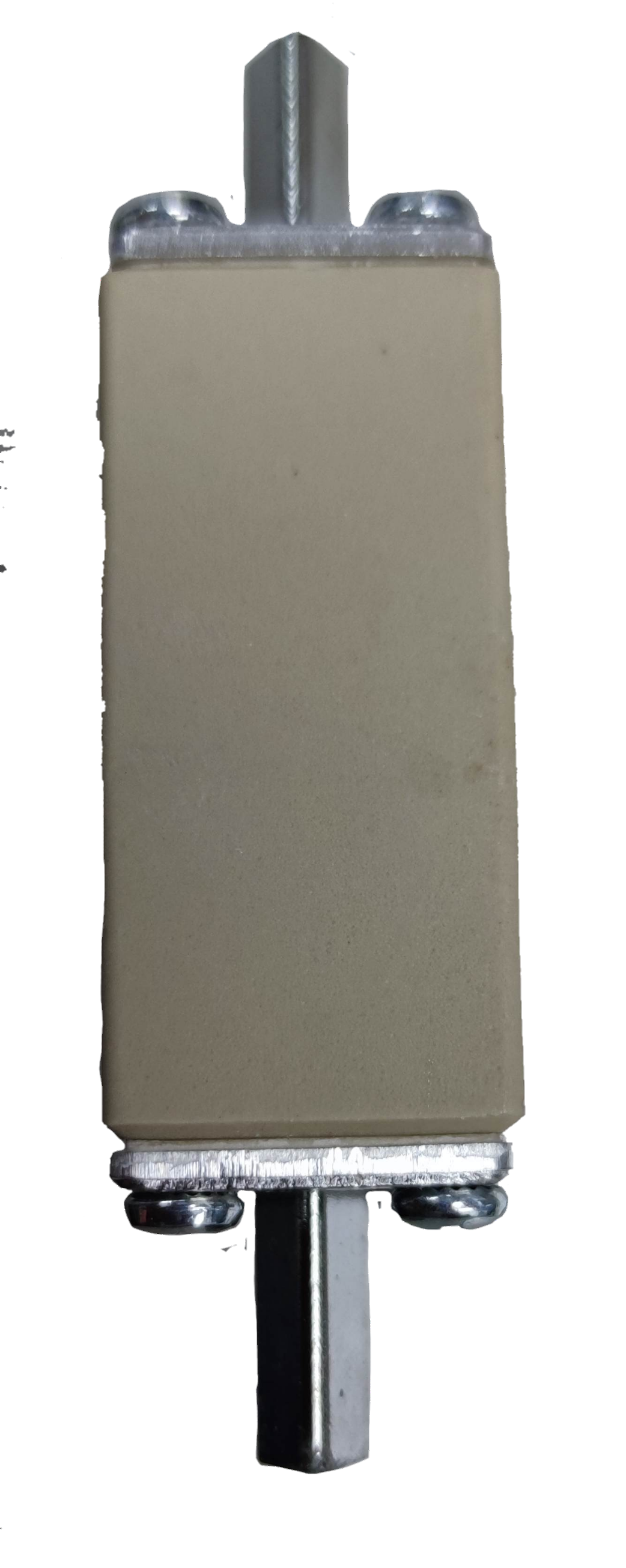 Lindner gG-gL ceramic fuse 500V rectangular beige ceramic body with metal end caps and blade terminals on black background