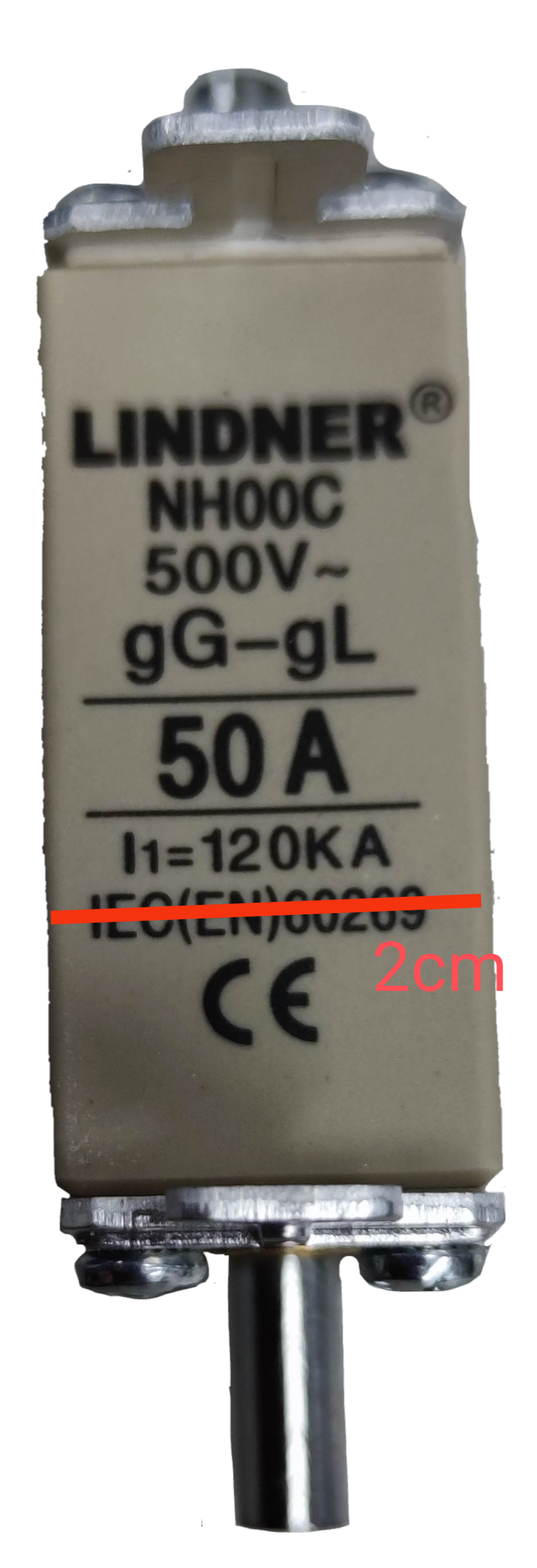 Lindner gG-gL ceramic fuse 500V NH00C 50A cartridge with white ceramic body and metal end caps