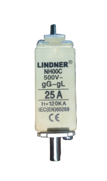 Lindner NH-Type Fuse Link 25A electrical component with 500V rating and IEC certification