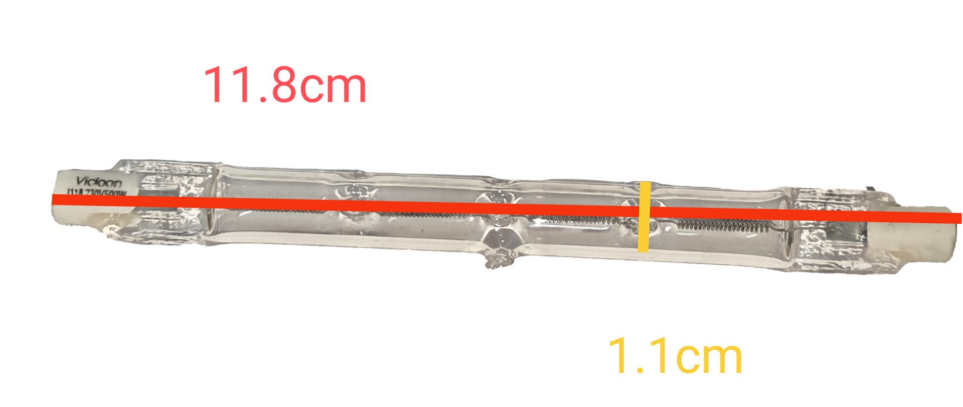 Vicloon Linear Halogen Bulb 500W 220V clear glass tube with visible filament measuring 11.8 cm long