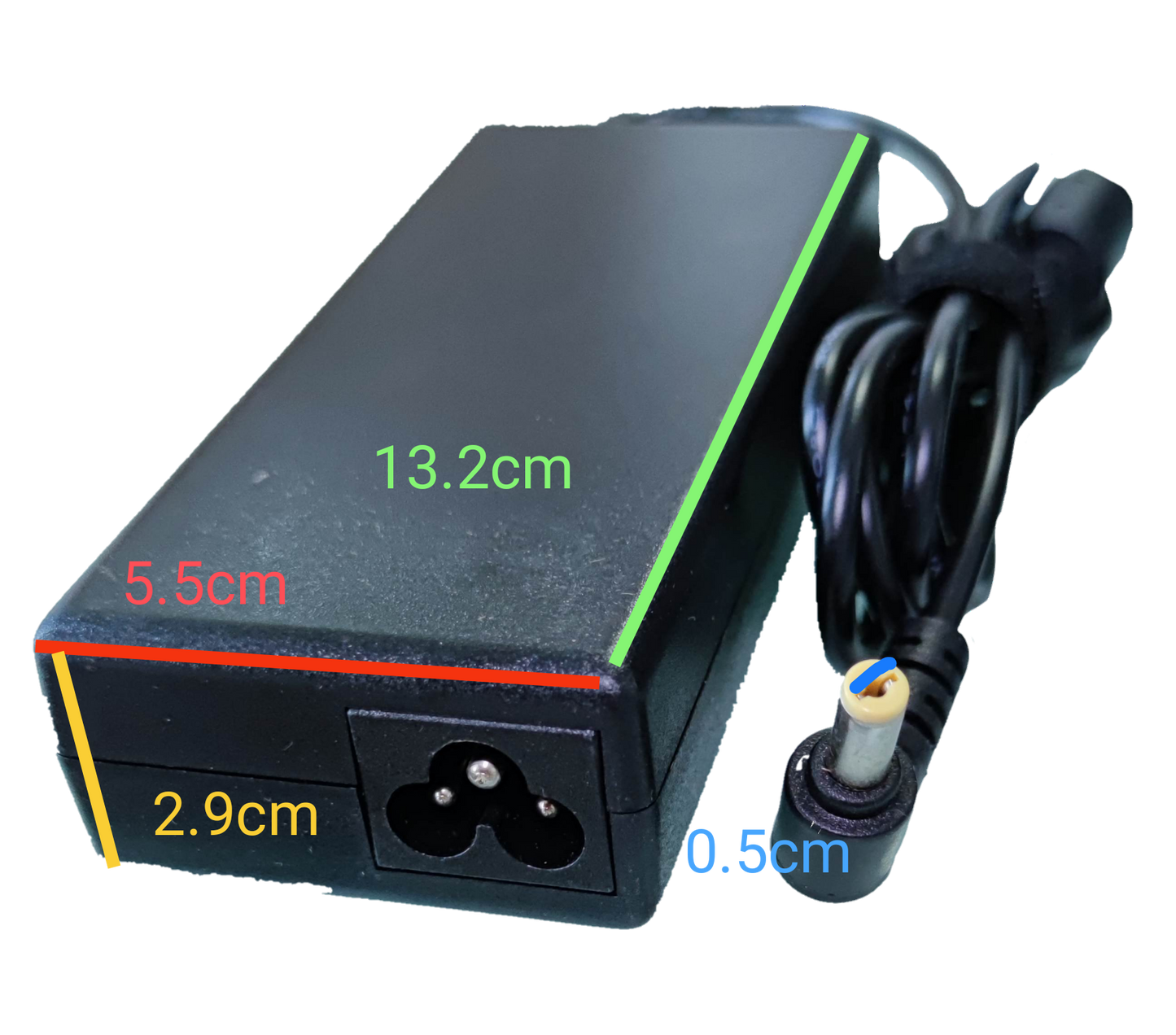 Black ACER power adapter brick with attached cable and barrel connector on black background laptop adaptor 19V DC for Acer