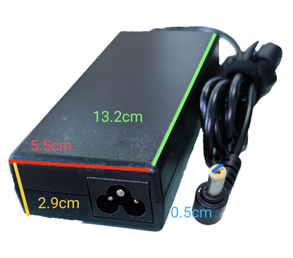 Black ACER power adapter brick with attached cable and barrel connector on black background laptop adaptor 19V DC for Acer