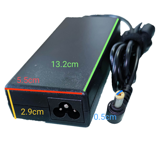 Black ACER power adapter brick with attached cable and barrel connector on black background laptop adaptor 19V DC for Acer