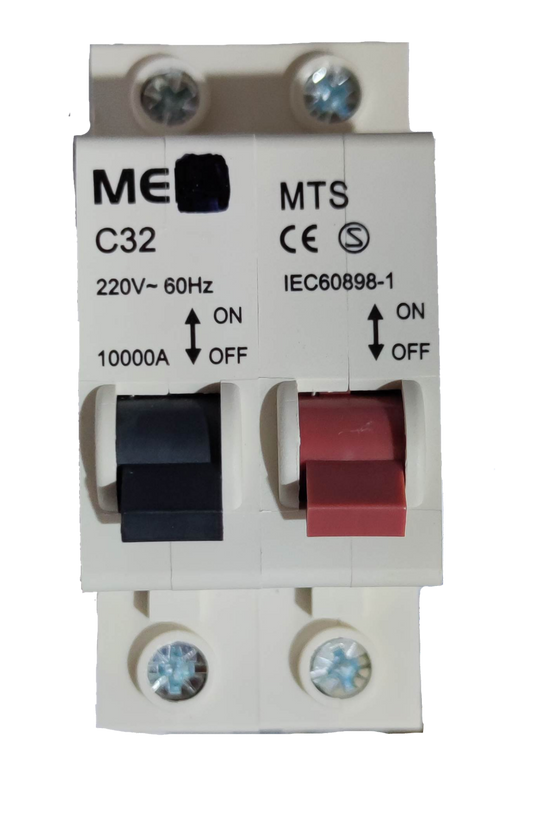 Grippes white circuit breaker with black and red switches labeled C32 MTS 220V 1 pole MTS 32A for industrial use.