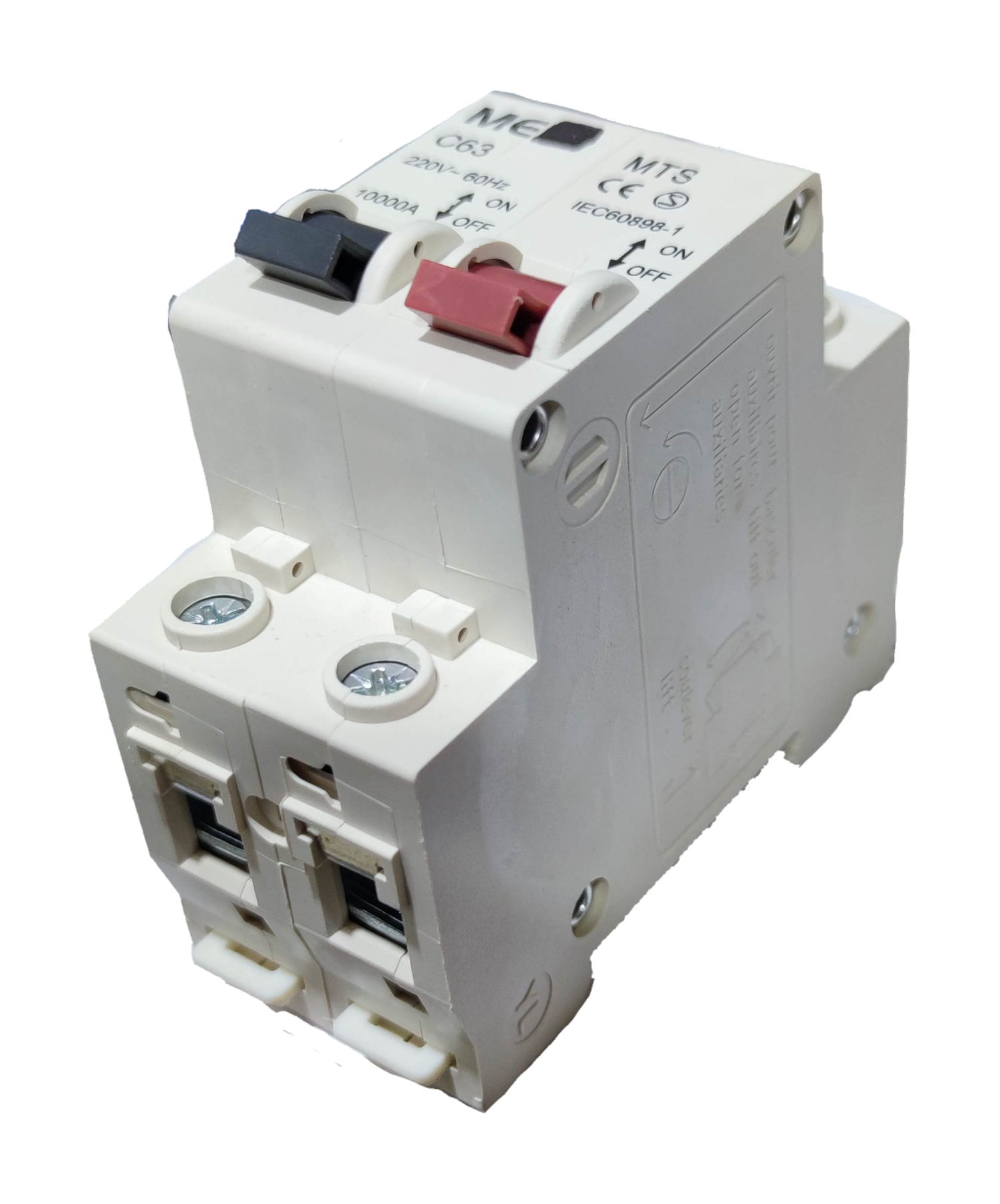 manual transfer switch 16A white dual pole unit with red and black levers and visible screw terminals