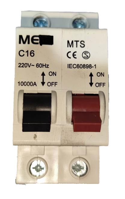 White dual pole manual transfer switch 16A with black and red levers C16 220V 60Hz terminals