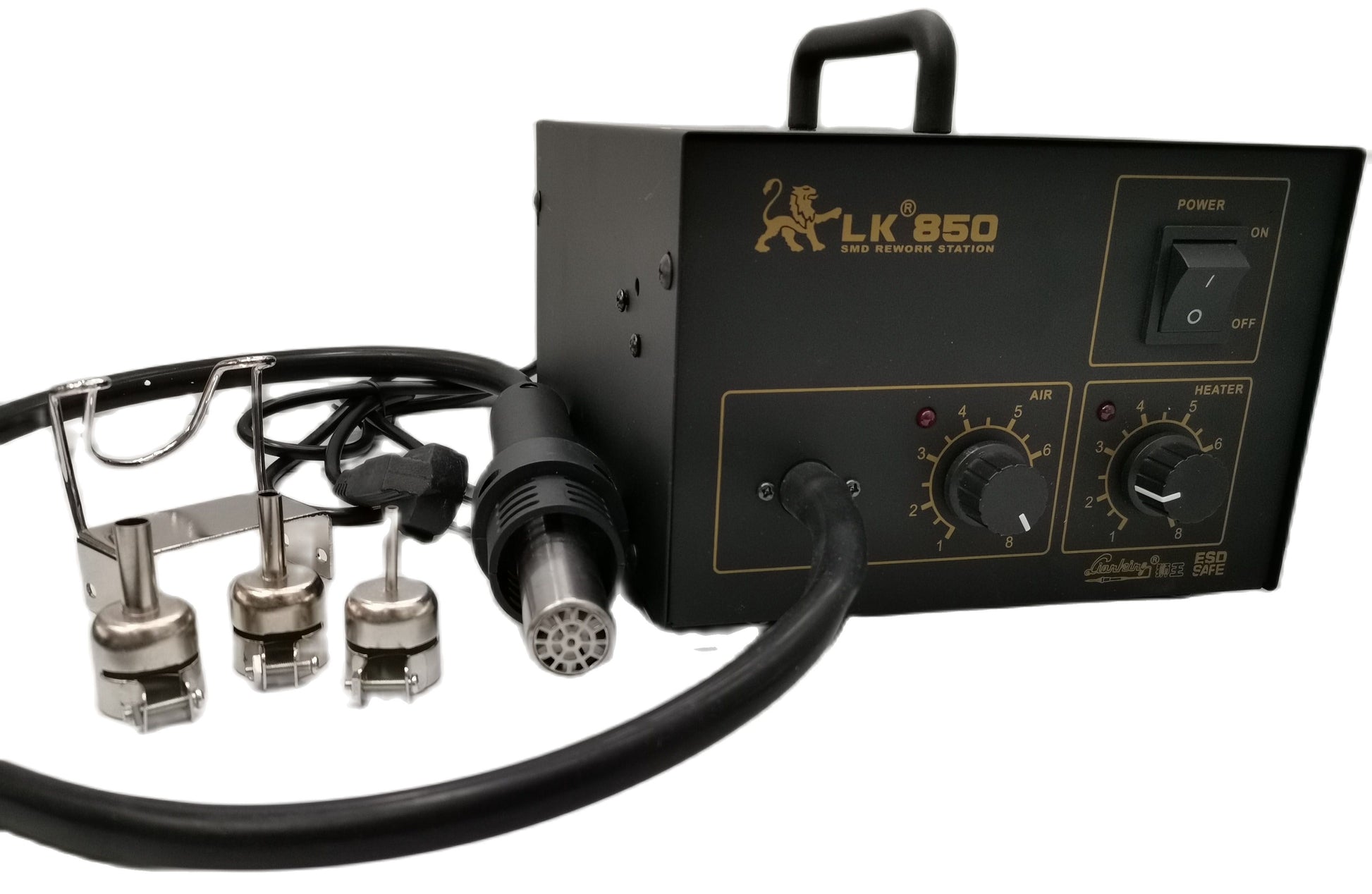 SMD rework station 850 with air gun and interchangeable nozzles for efficient electronic repairs