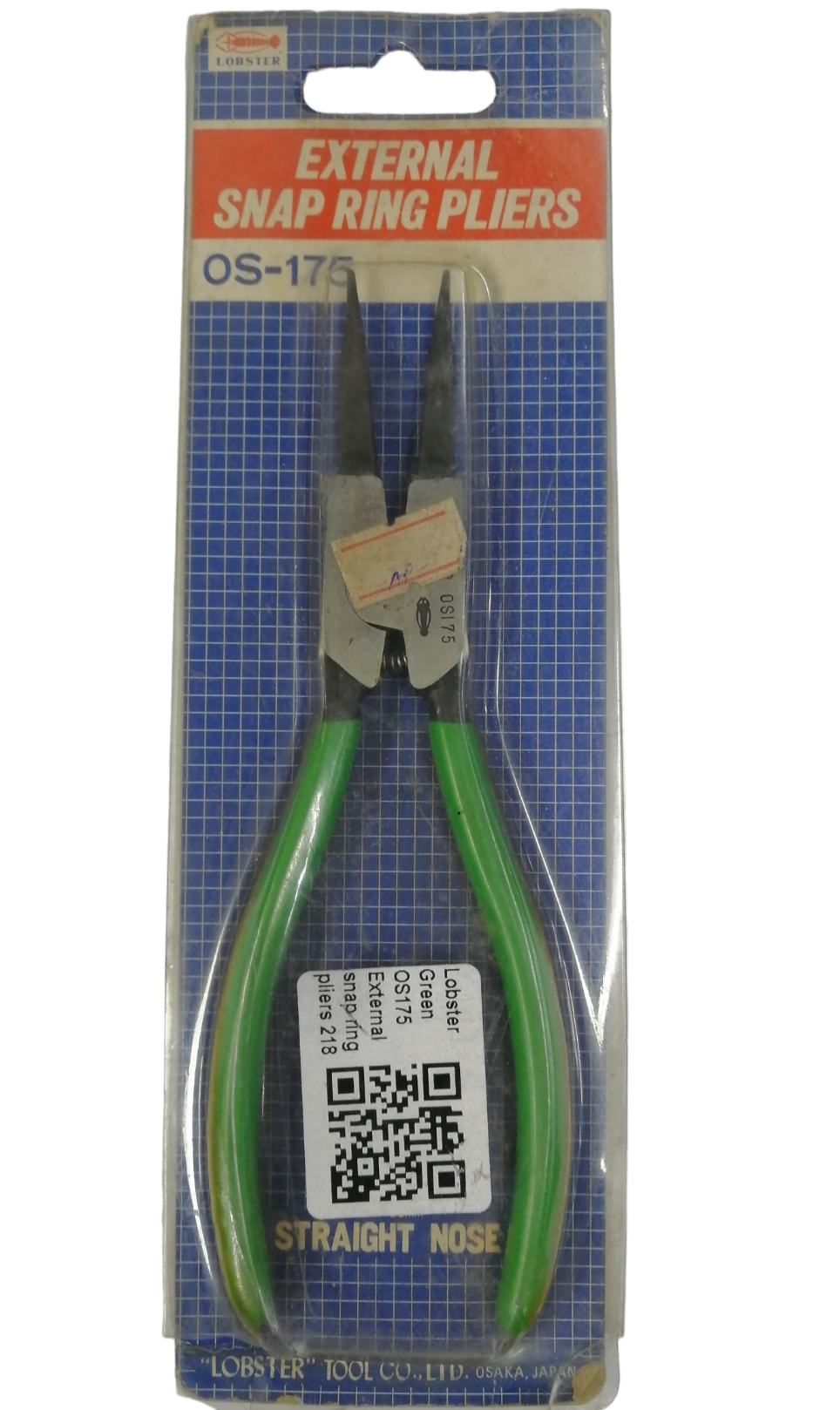 Lobster 175mm External Snap Ring Pliers with straight nose and green rubber grips for easy handling