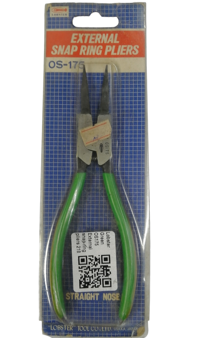 Lobster 175mm External Snap Ring Pliers with straight nose and green rubber grips for easy handling