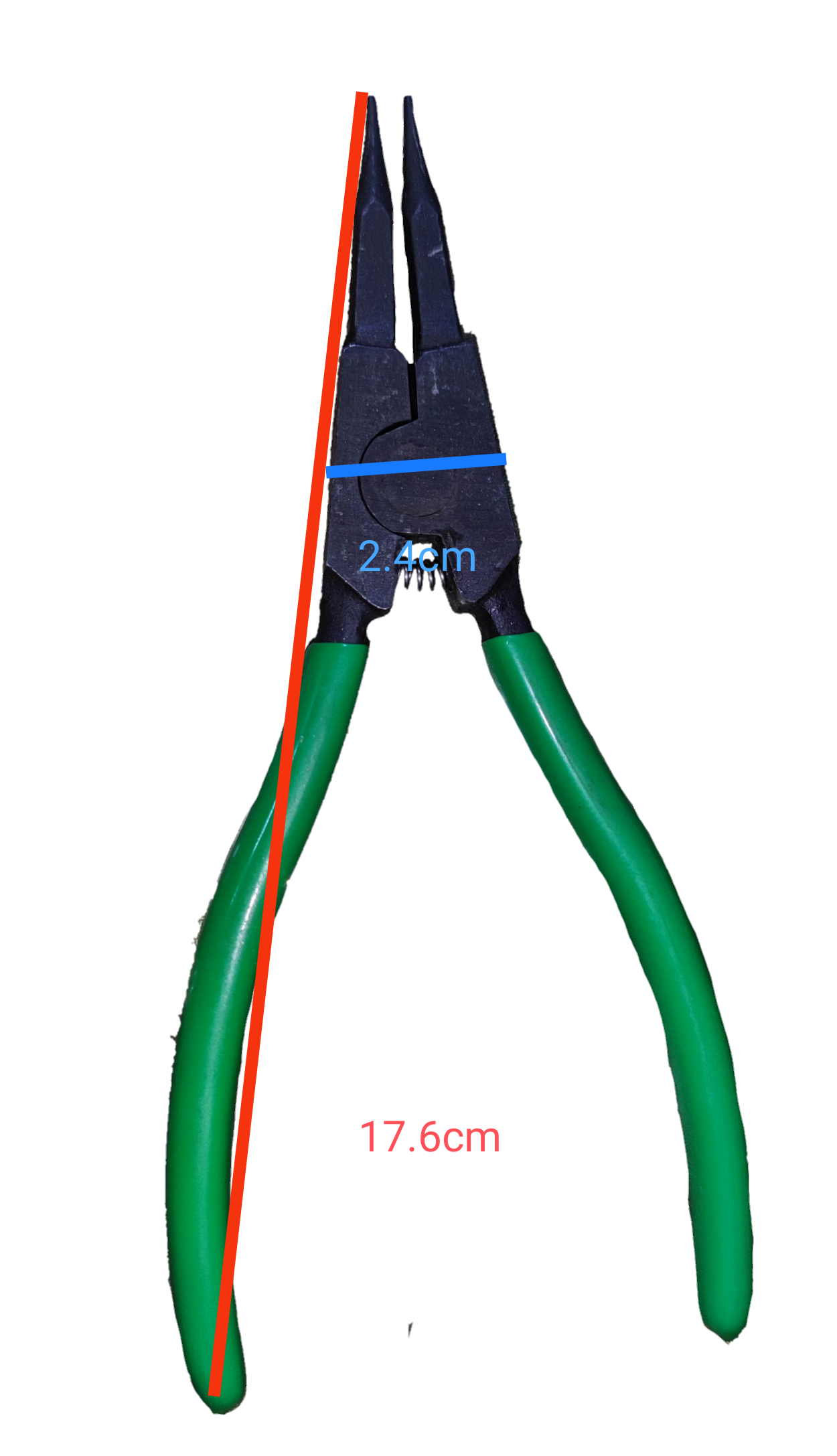 Lobster Snap Ring Plier External Straight green handles 17.6 cm length 2.4 cm jaw width on black background