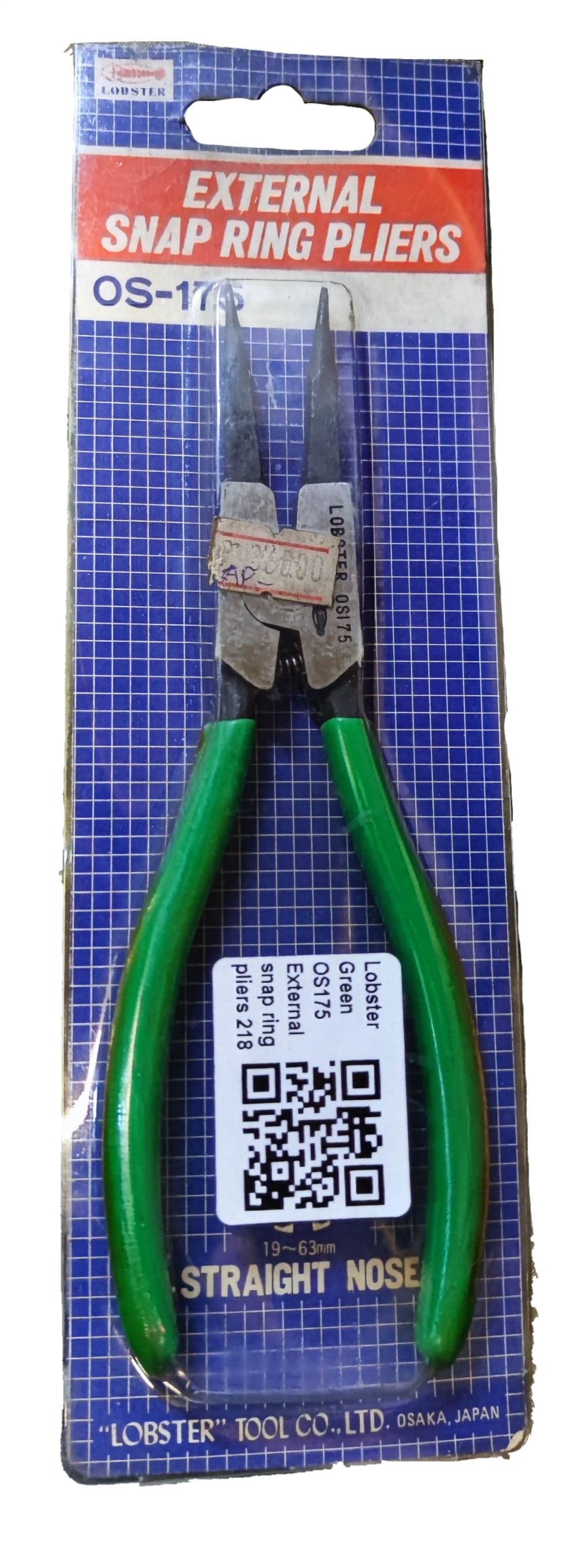 Lobster Snap Ring Plier External Straight with green handles and straight nose in retail packaging