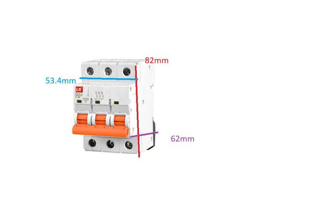 LS 25A 3 pole circuit breaker 10Kaic 230V with labeled dimensions of 53.4mm, 82mm, and 62mm