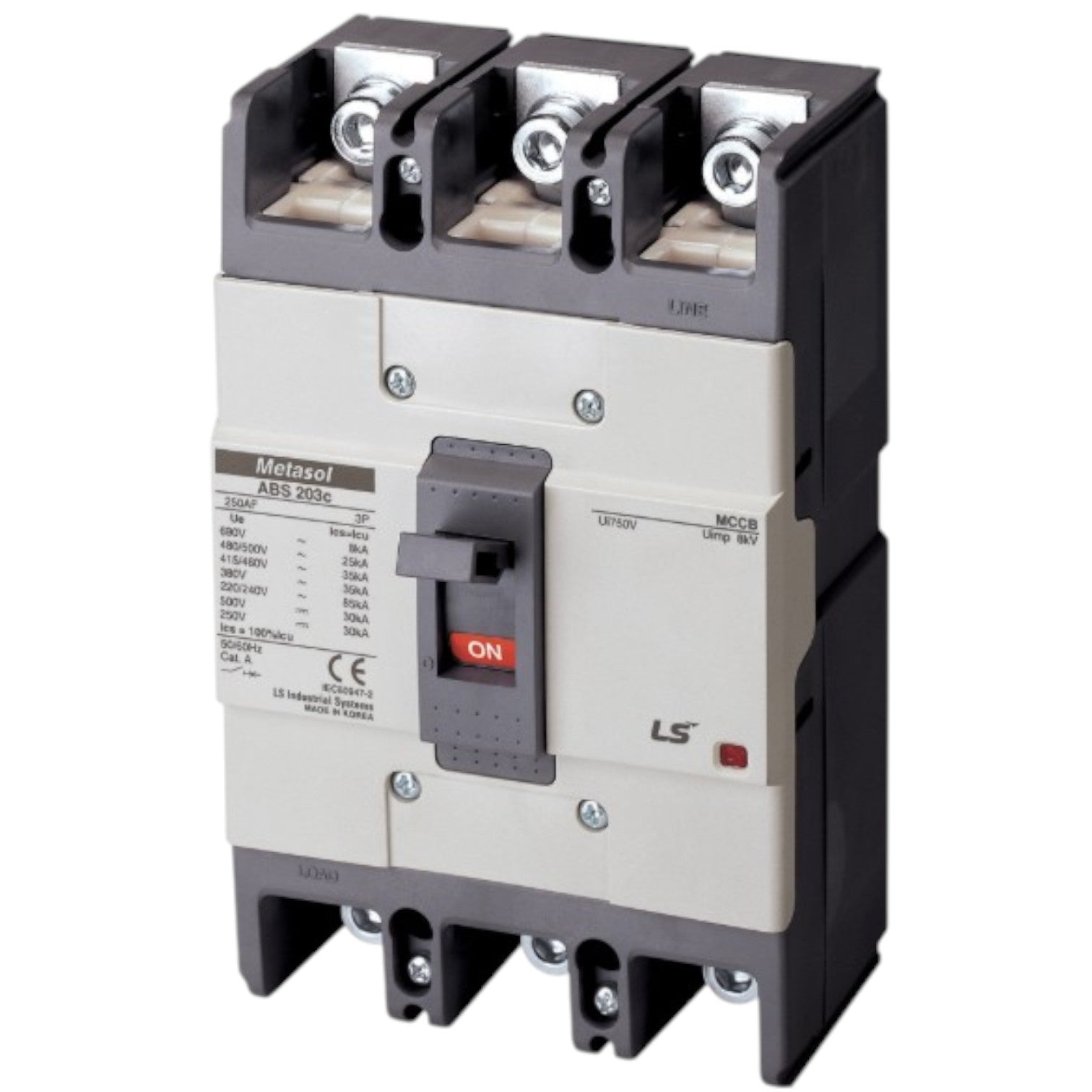 LS Metasol MCCB 3 pole 26kA 250 Ampere molded case circuit breaker with ON toggle handle gray and black
