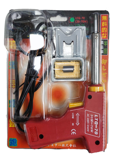 Winstar Soldering Gun 30W-70W 220V Dual Wattage with red handle and included accessories in blister pack