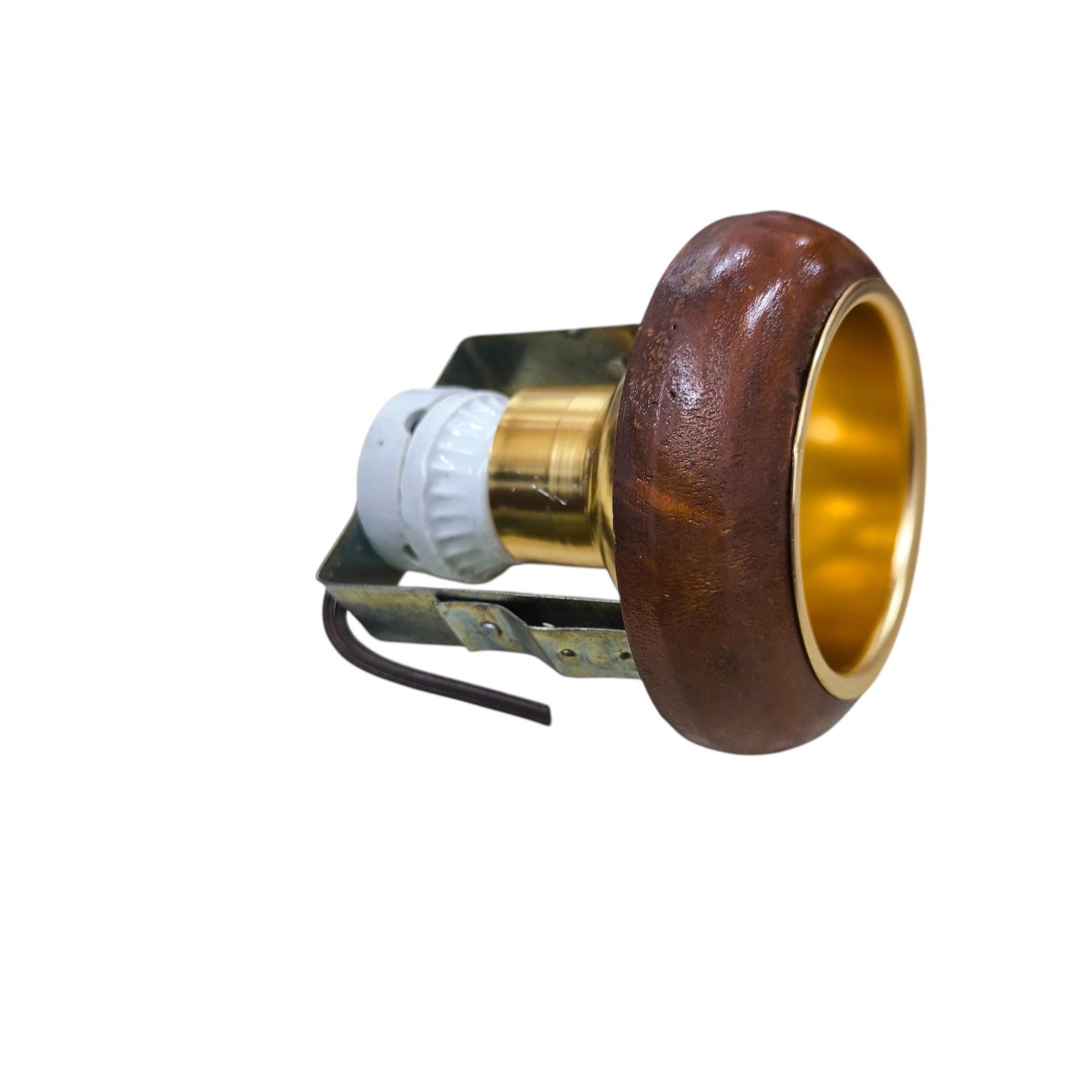 Local 3.5 inch wooden downlight fixture with brown wooden bezel gold inner trim and brass socket