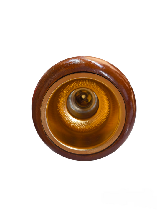 3.5 inch wooden downlight fixture top view showing circular wood trim and gold reflector with bulb inside