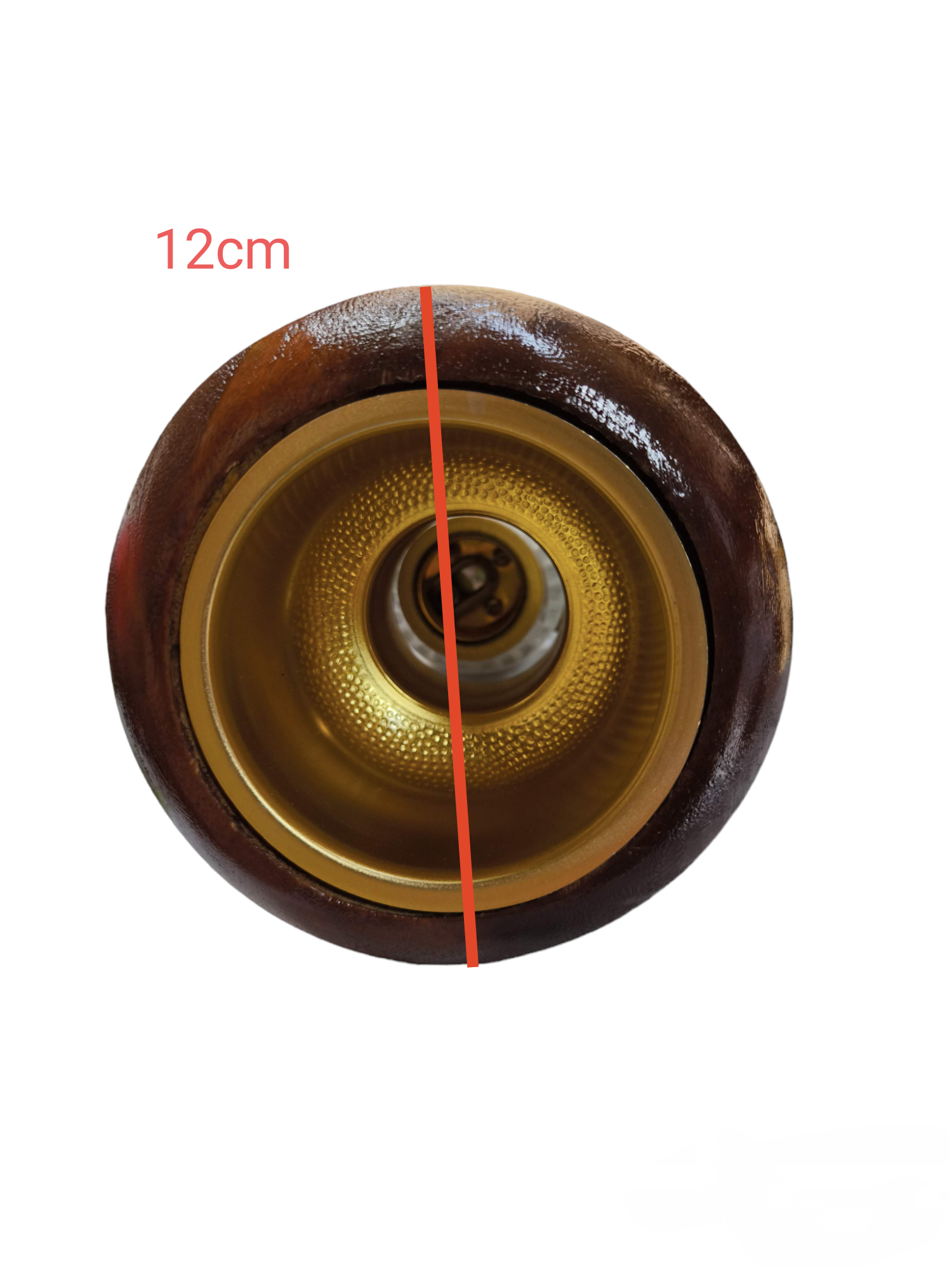 Top view of Local 3.5 inch wooden downlight fixture with round dark wood trim and gold reflector showing 12cm diameter