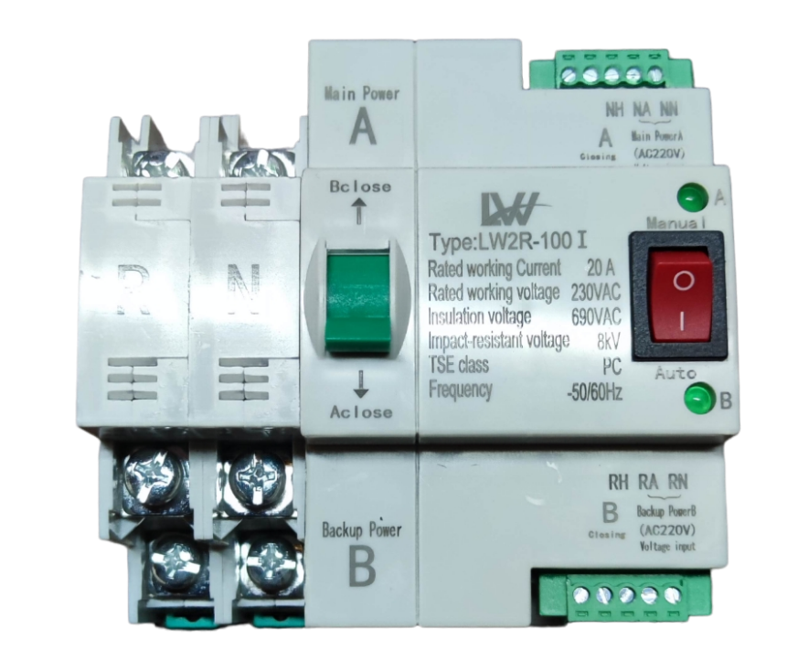 Grippes automatic transfer switch 20A with main and backup power inputs and control switches