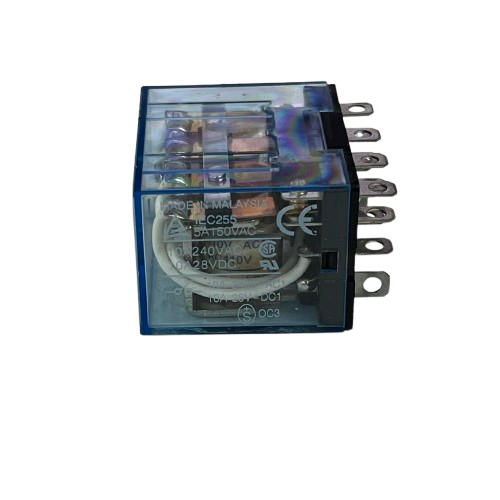 Omron LY4J 110VAC Switch Relay 14 Pins with transparent casing and metal connectors for electrical testing
