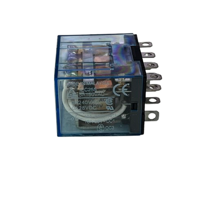 Omron LY4J 110VAC Switch Relay 14 Pins with transparent casing and metal connectors for electrical testing