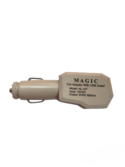 Magic branded Car Adaptor USB 600Ma white car charger with USB outlet and 5V 600mA output