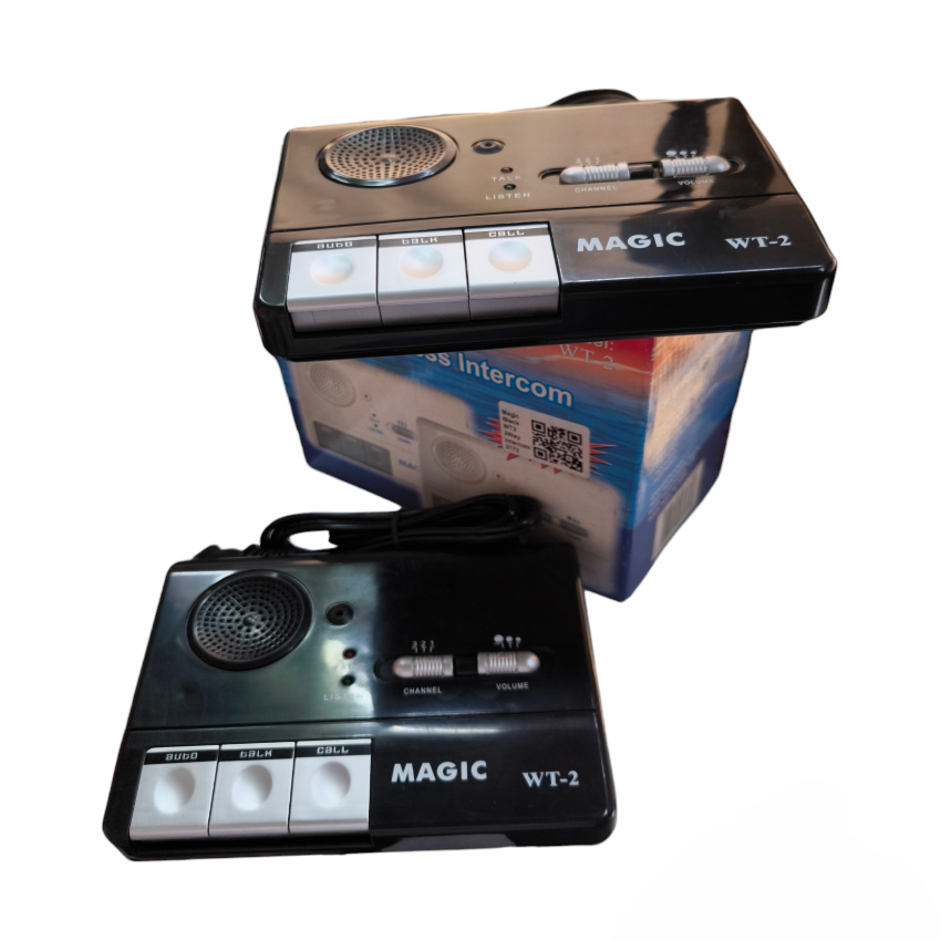 Magic FM WT-2 wireless intercom set with black units featuring speaker, volume and channel controls