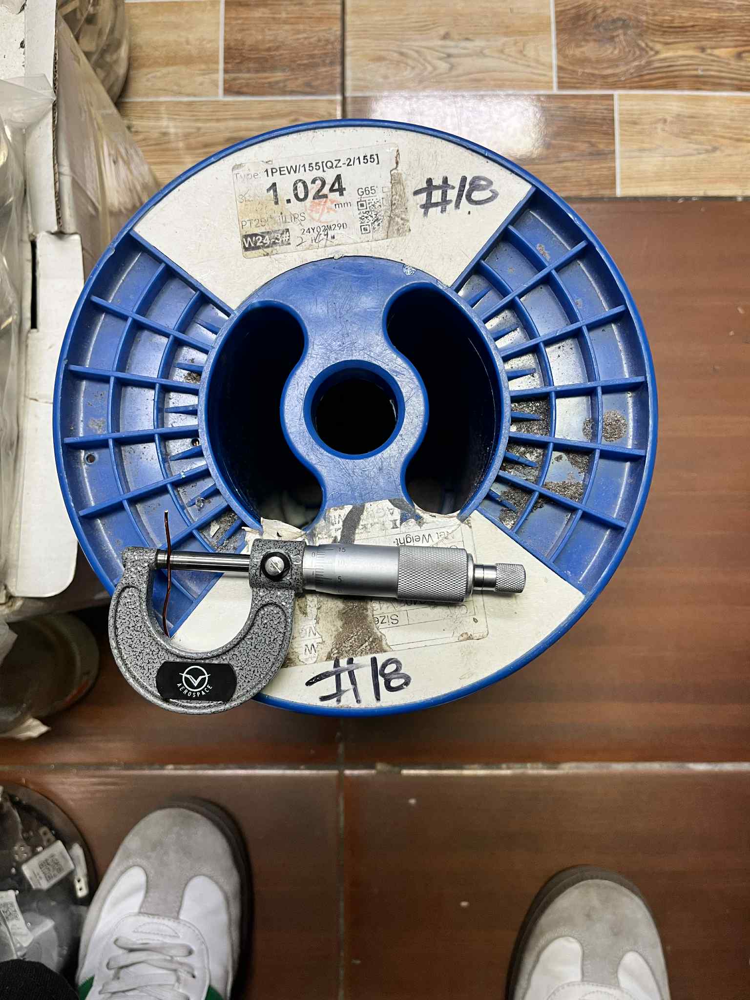 Philflex Magnet Wire AWG 18 - 200 Grams on a blue spool with measuring tool visible