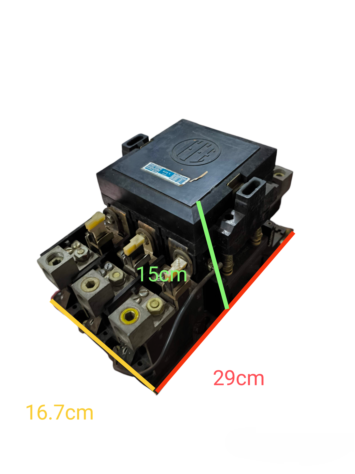 Magnetic Contactor 100A 440V power switch component with dimensions 29cm by 16.7cm by 15cm