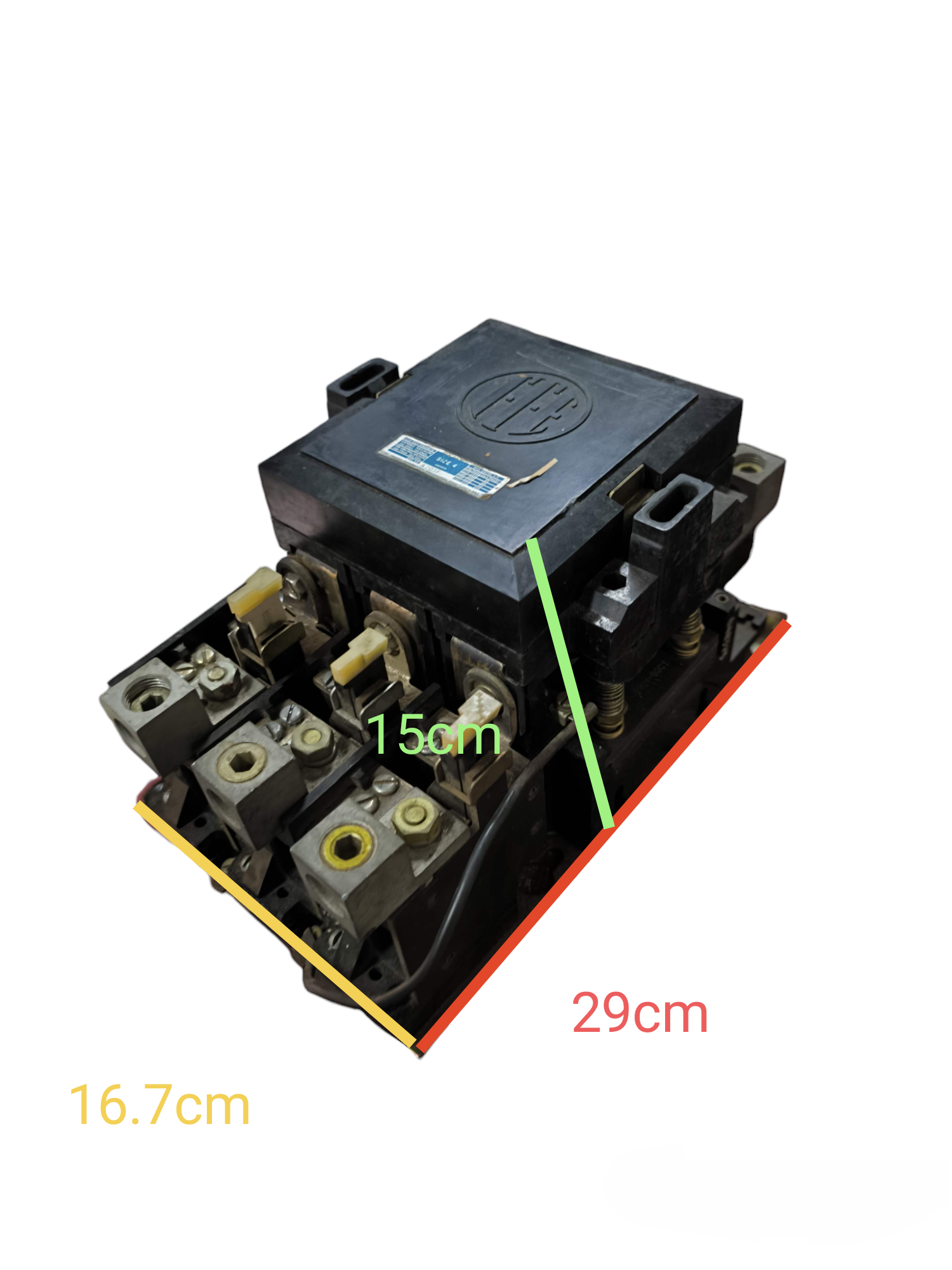 Magnetic Contactor 100A 440V power switch component with dimensions 29cm by 16.7cm by 15cm