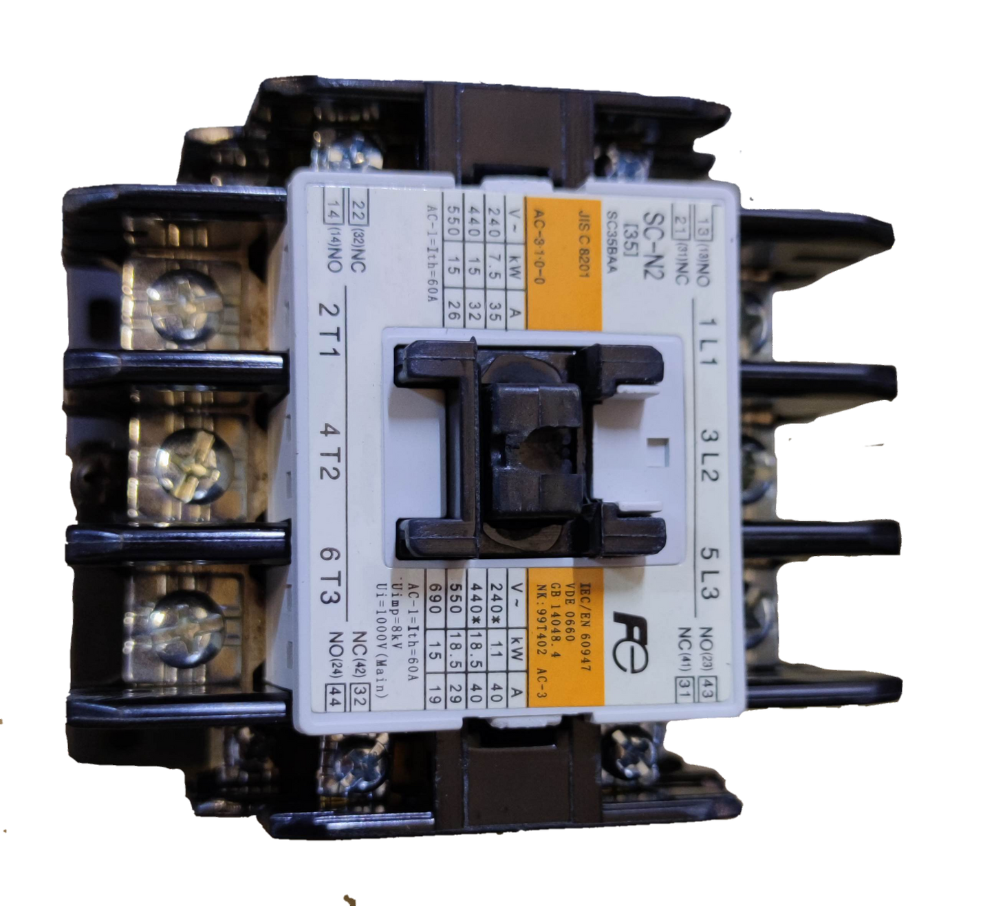 Fuji Magnetic Contactor Ith 60A 220V electrical component with labeled terminals and specifications