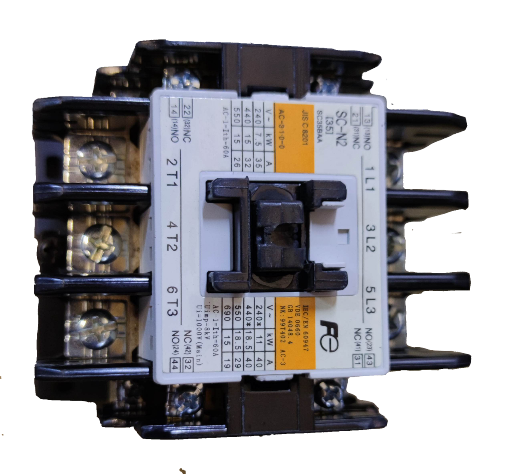 Fuji Magnetic Contactor Ith 60A 220V electrical component with labeled terminals and specifications