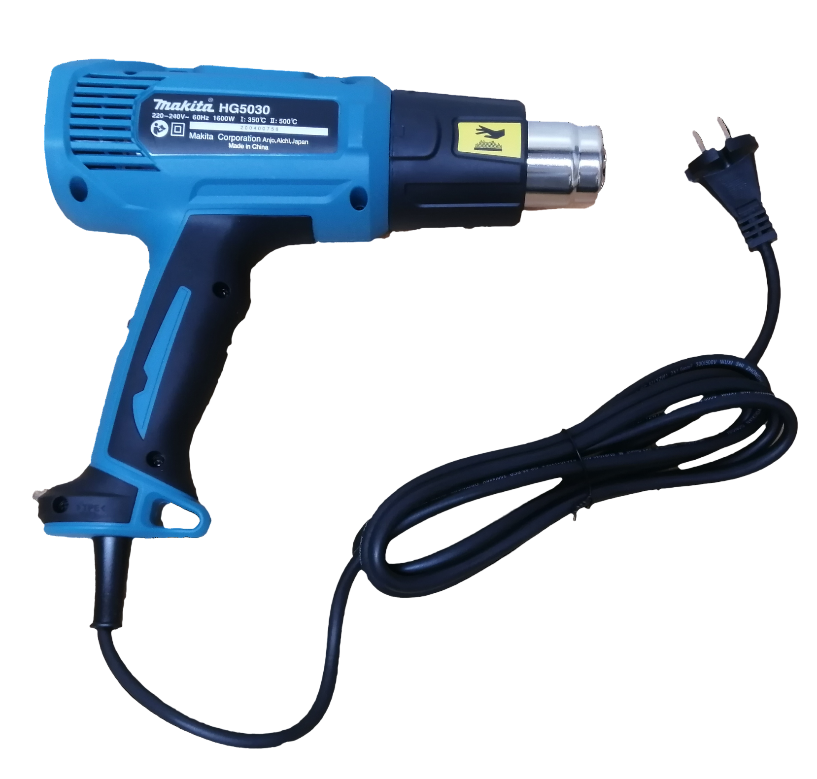 Makita 1600Watts Heat Gun 220-240Volts in blue with ergonomic handle and power cord