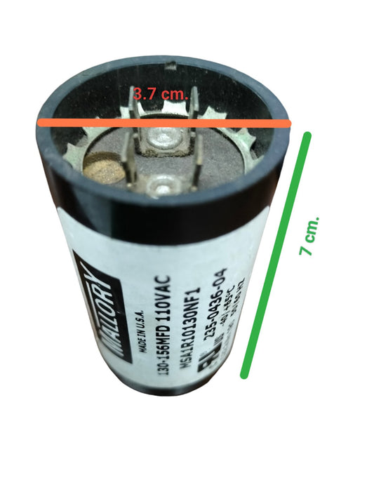 BMI 130-156 uf 110V AC start capacitor with two metal terminals for electrical applications.