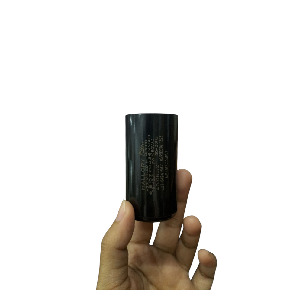 Mallory 36-43UF 220-250VAC motor capacitor in a black cylindrical design for electrical applications