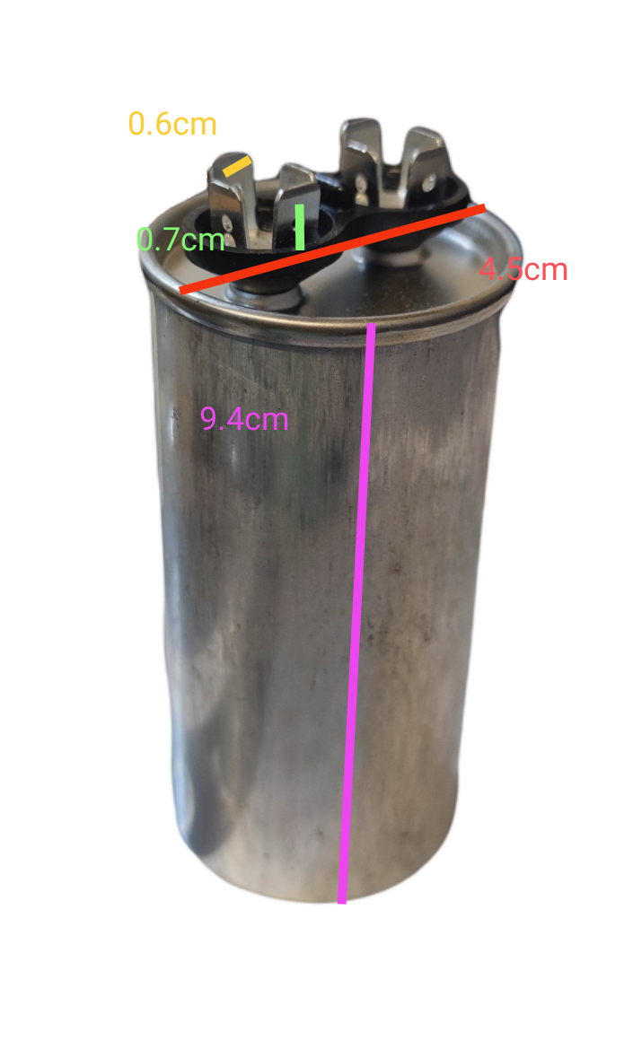 Mallory 40uF 370VAC capacitor with metal casing and connection terminals for electrical applications