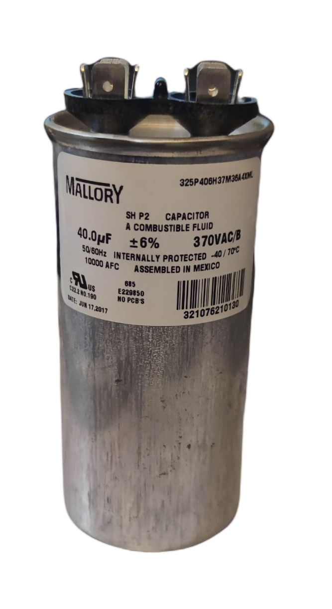 Mallory 40uF 370VAC capacitor for electrical applications with robust design and durable casing
