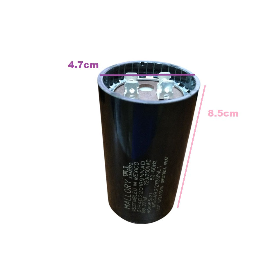 Mallory Capacitor 189-227MFD 220-250V cylindrical design with mounting terminals for electrical applications