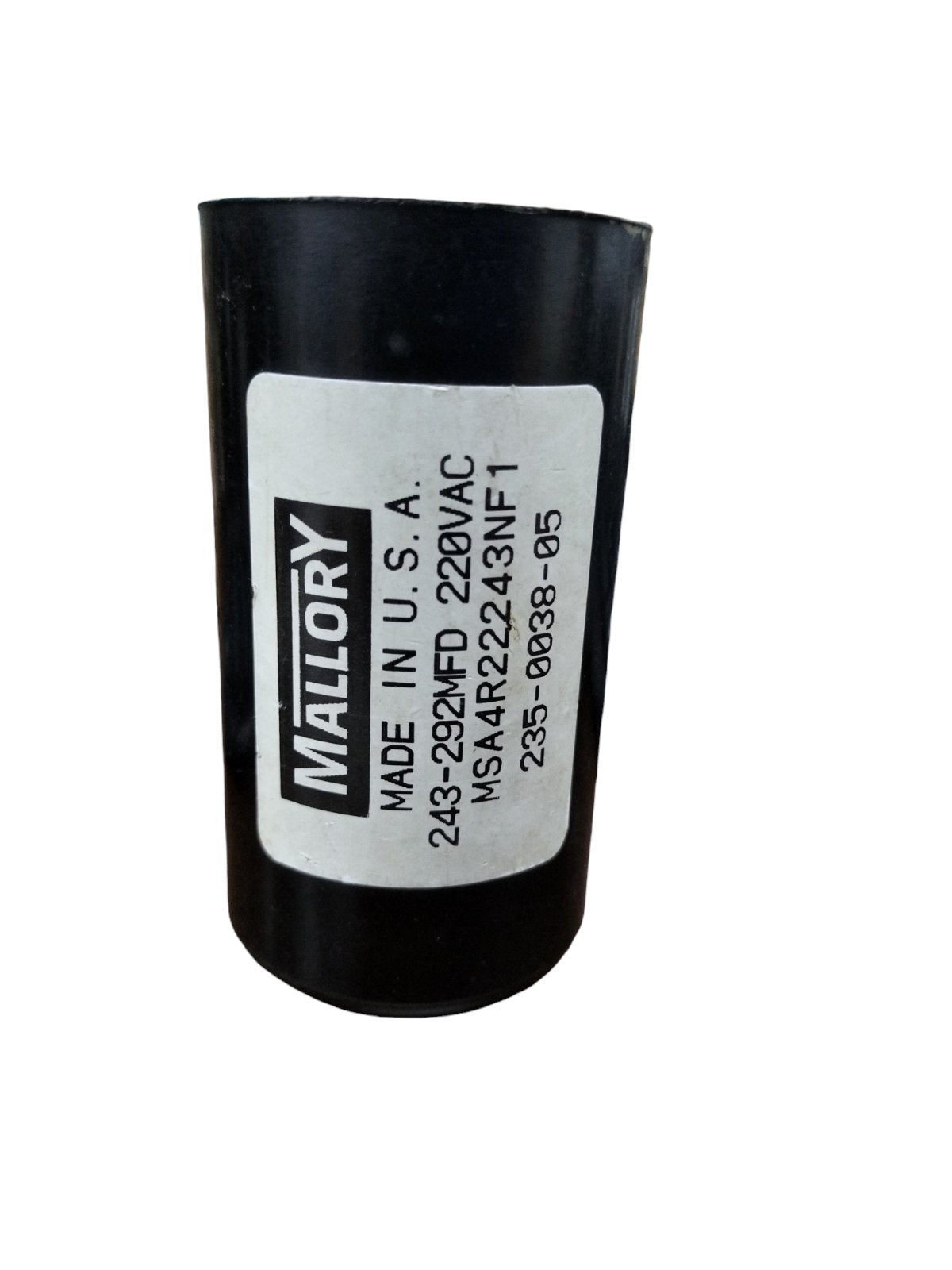 Mallory Motor Start Capacitor 243-292 MFD black cylindrical electrical component with label