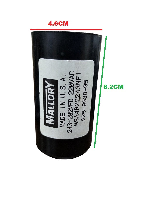 Mallory Motor Start Capacitor 243-292 MFD black cylindrical electrical part with label