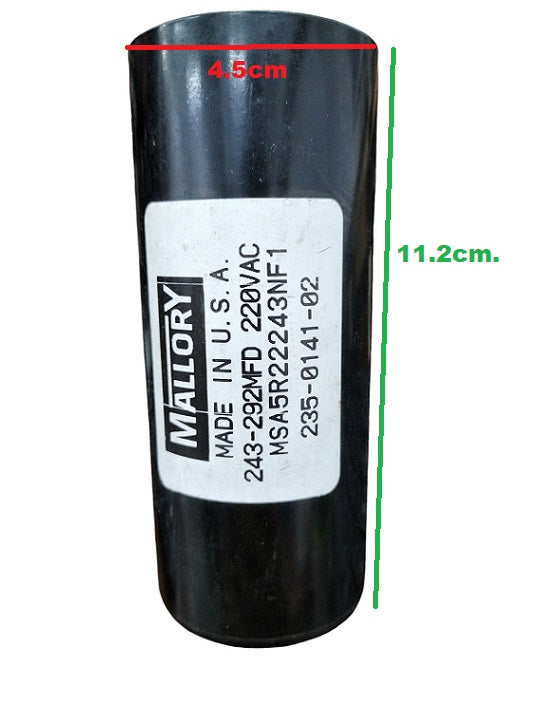 Mallory Motor Start Capacitor 243-292 MFD in black cylindrical casing with voltage and model details